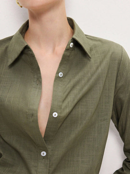 BizChic Bean Green Women's Shirt, Spring Lapel Front Opening Single-Breasted Button Long Sleeve, Professional Crisp Style, Wear Alone Or Layered, Elegant Minimalist Casual Commute Date Daily Vacation