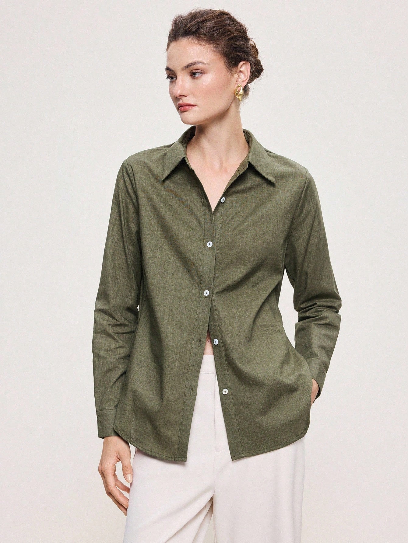 BizChic Bean Green Women's Shirt, Spring Lapel Front Opening Single-Breasted Button Long Sleeve, Professional Crisp Style, Wear Alone Or Layered, Elegant Minimalist Casual Commute Date Daily Vacation