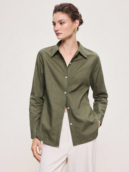 BizChic Bean Green Women's Shirt, Spring Lapel Front Opening Single-Breasted Button Long Sleeve, Professional Crisp Style, Wear Alone Or Layered, Elegant Minimalist Casual Commute Date Daily Vacation
