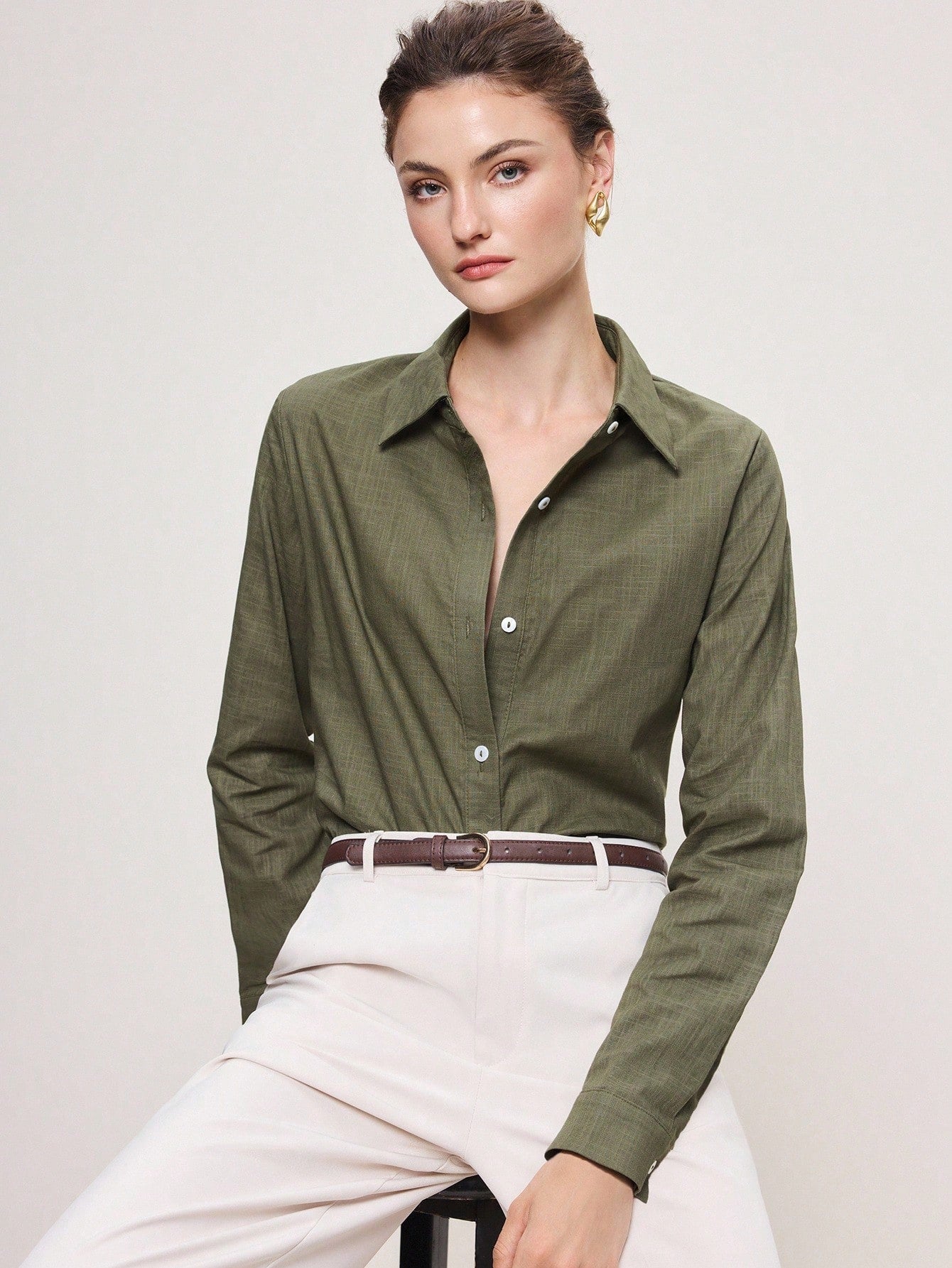 BizChic Bean Green Women's Shirt, Spring Lapel Front Opening Single-Breasted Button Long Sleeve, Professional Crisp Style, Wear Alone Or Layered, Elegant Minimalist Casual Commute Date Daily Vacation