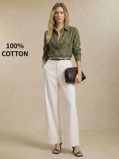 BizChic Bean Green Women's Shirt, Spring Lapel Front Opening Single-Breasted Button Long Sleeve, Professional Crisp Style, Wear Alone Or Layered, Elegant Minimalist Casual Commute Date Daily Vacation