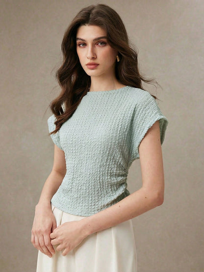 BizChic Blue Women's T-Shirt, Spring Textured Raglan Sleeve, Waist Pleats, Elegant Minimalist Casual Commute Date Daily Vacation Independence Day Graduation Season Music Festival Slimming Elegant Vers