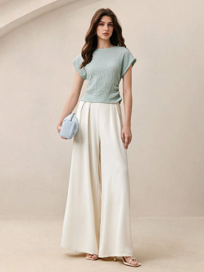 BizChic Blue Women's T-Shirt, Spring Textured Raglan Sleeve, Waist Pleats, Elegant Minimalist Casual Commute Date Daily Vacation Independence Day Graduation Season Music Festival Slimming Elegant Vers