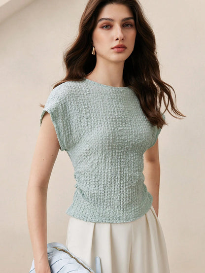 BizChic Blue Women's T-Shirt, Spring Textured Raglan Sleeve, Waist Pleats, Elegant Minimalist Casual Commute Date Daily Vacation Independence Day Graduation Season Music Festival Slimming Elegant Vers