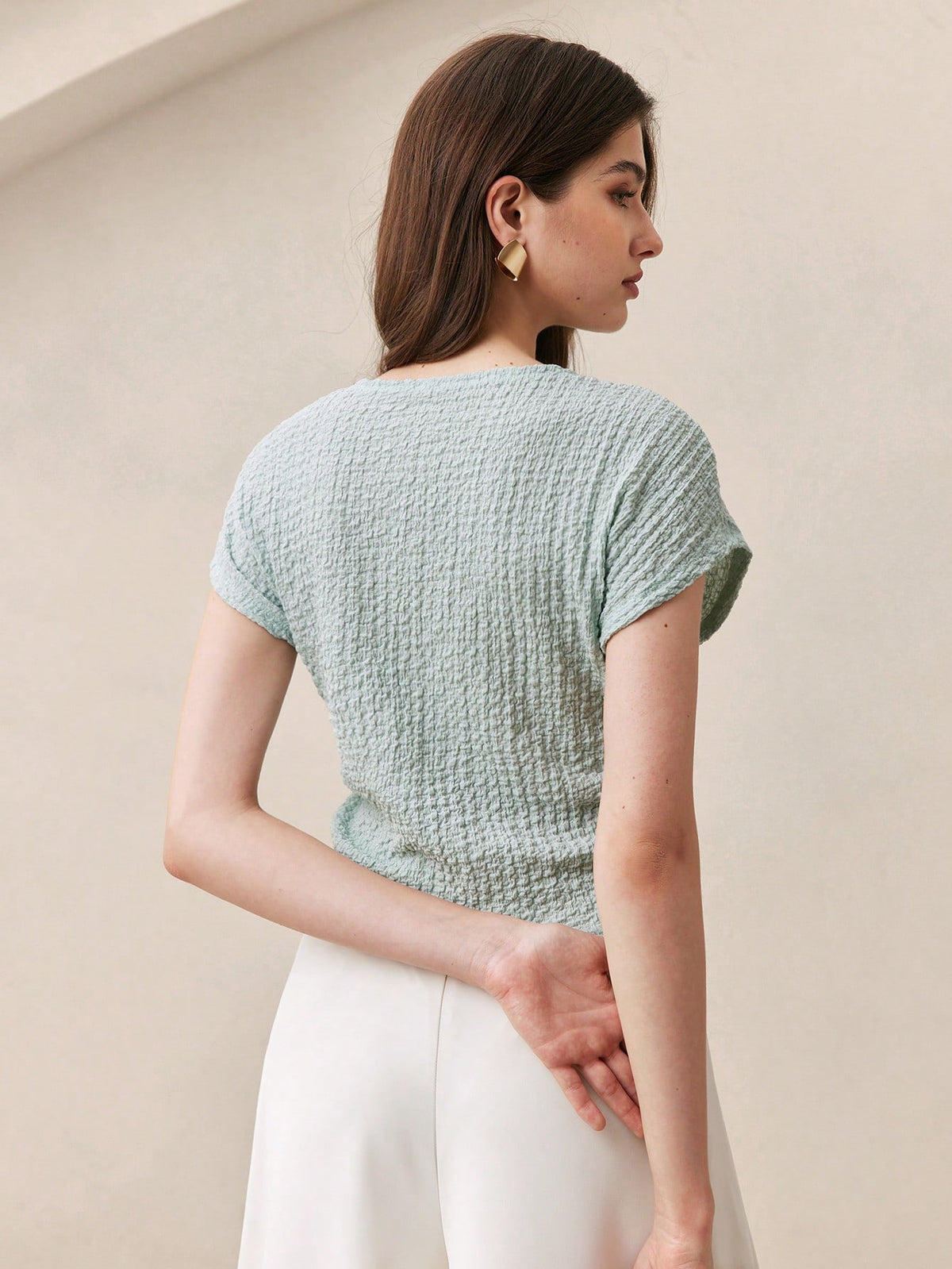BizChic Blue Women's T-Shirt, Spring Textured Raglan Sleeve, Waist Pleats, Elegant Minimalist Casual Commute Date Daily Vacation Independence Day Graduation Season Music Festival Slimming Elegant Vers