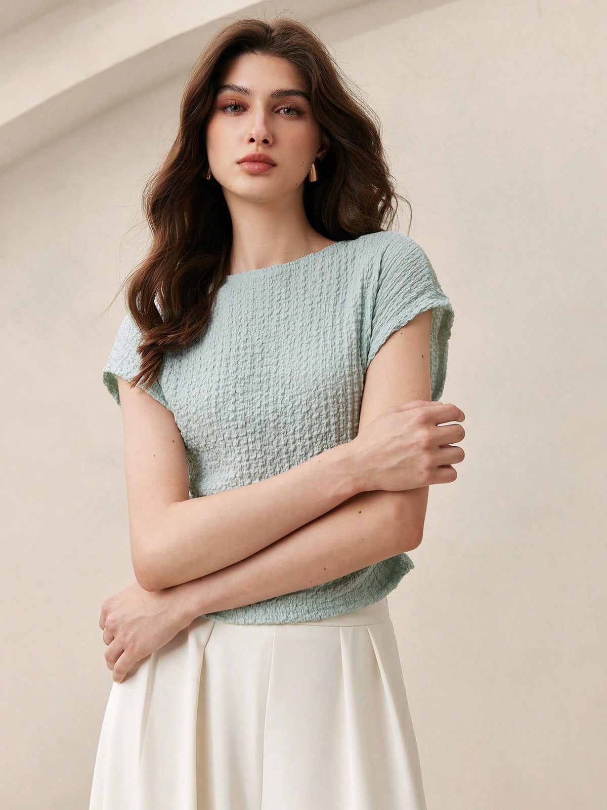BizChic Blue Women's T-Shirt, Spring Textured Raglan Sleeve, Waist Pleats, Elegant Minimalist Casual Commute Date Daily Vacation Independence Day Graduation Season Music Festival Slimming Elegant Vers
