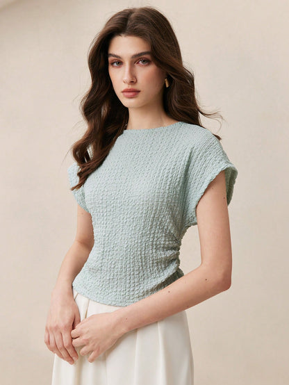 BizChic Blue Women's T-Shirt, Spring Textured Raglan Sleeve, Waist Pleats, Elegant Minimalist Casual Commute Date Daily Vacation Independence Day Graduation Season Music Festival Slimming Elegant Vers