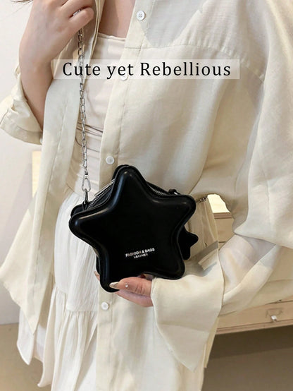 Black Cute Star Shaped Mini Crossbody Purse For Women, Silver Chain Shoulder Tote Bag,Sweet Ladies Bags For Summer Beach Date Party Daily