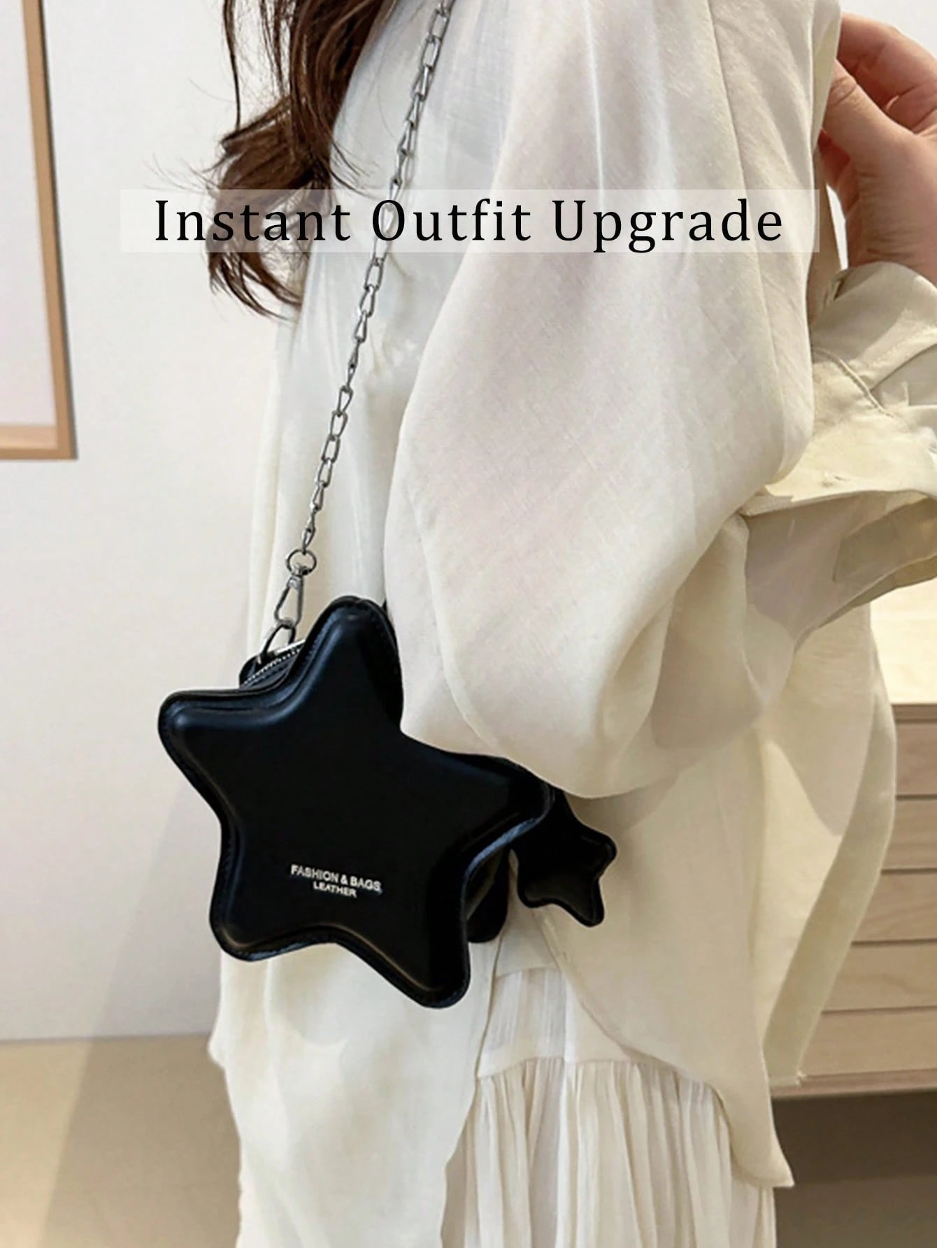 Black Cute Star Shaped Mini Crossbody Purse For Women, Silver Chain Shoulder Tote Bag,Sweet Ladies Bags For Summer Beach Date Party Daily