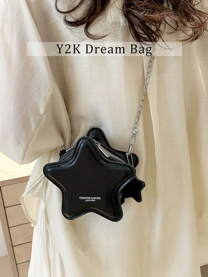 Black Cute Star Shaped Mini Crossbody Purse For Women, Silver Chain Shoulder Tote Bag,Sweet Ladies Bags For Summer Beach Date Party Daily