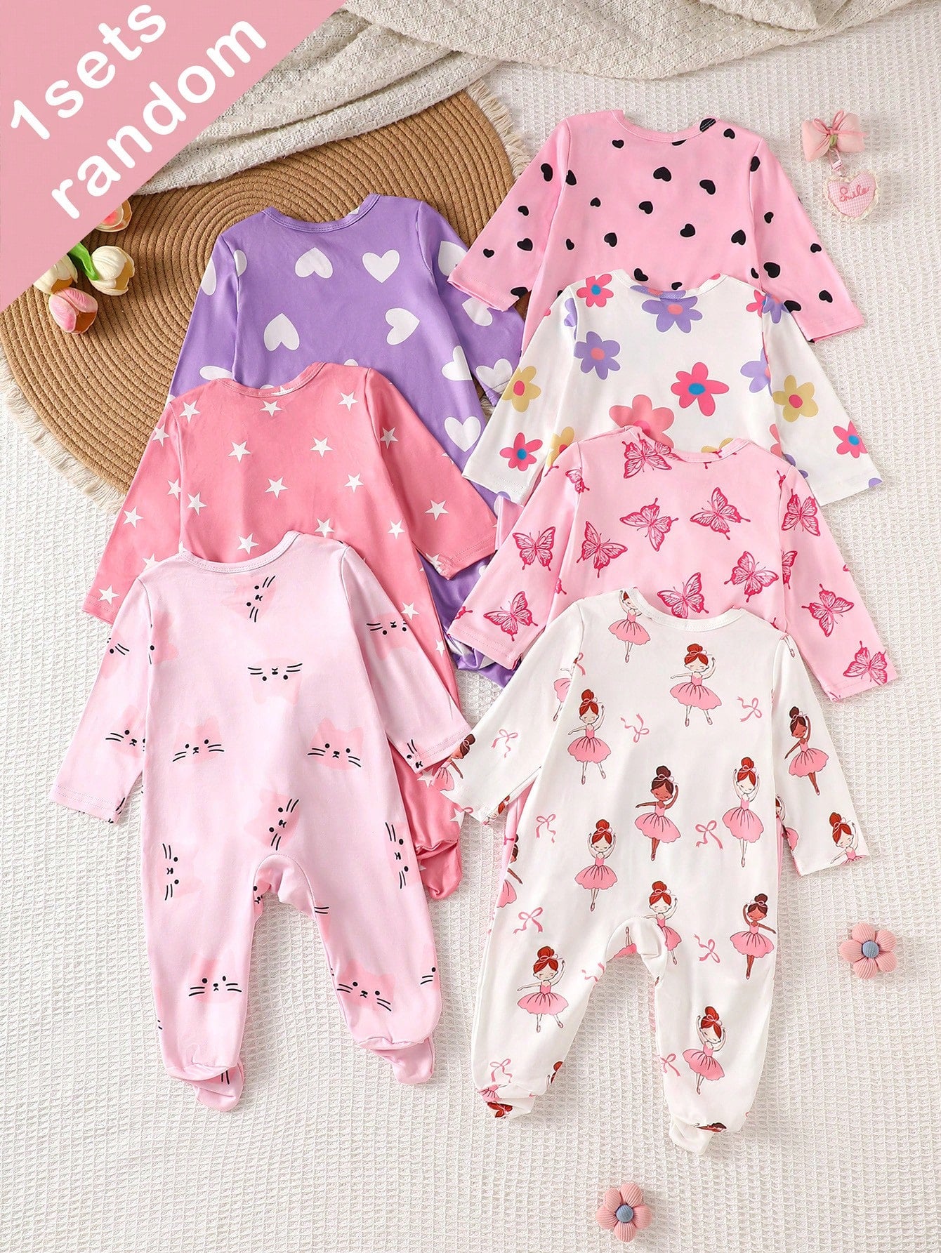 (Blind Box Series 7pcs Randomly Send 1pc) Newborn Long Sleeve Footed Romper Pink White Purple Cartoon Floral Heart Star Ballet Girl Butterfly Print Pattern Simple Casual Comfortable Soft Cute We