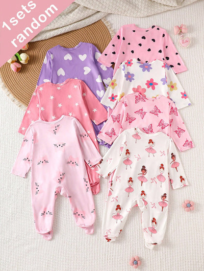 (Blind Box Series 7pcs Randomly Send 1pc) Newborn Long Sleeve Footed Romper Pink White Purple Cartoon Floral Heart Star Ballet Girl Butterfly Print Pattern Simple Casual Comfortable Soft Cute We
