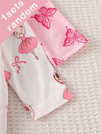 (Blind Box Series 7pcs Randomly Send 1pc) Newborn Long Sleeve Footed Romper Pink White Purple Cartoon Floral Heart Star Ballet Girl Butterfly Print Pattern Simple Casual Comfortable Soft Cute We