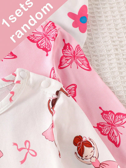 (Blind Box Series 7pcs Randomly Send 1pc) Newborn Long Sleeve Footed Romper Pink White Purple Cartoon Floral Heart Star Ballet Girl Butterfly Print Pattern Simple Casual Comfortable Soft Cute We