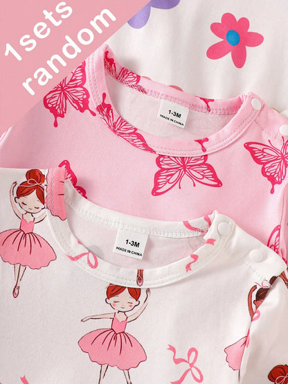 (Blind Box Series 7pcs Randomly Send 1pc) Newborn Long Sleeve Footed Romper Pink White Purple Cartoon Floral Heart Star Ballet Girl Butterfly Print Pattern Simple Casual Comfortable Soft Cute We