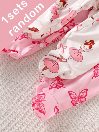 (Blind Box Series 7pcs Randomly Send 1pc) Newborn Long Sleeve Footed Romper Pink White Purple Cartoon Floral Heart Star Ballet Girl Butterfly Print Pattern Simple Casual Comfortable Soft Cute We