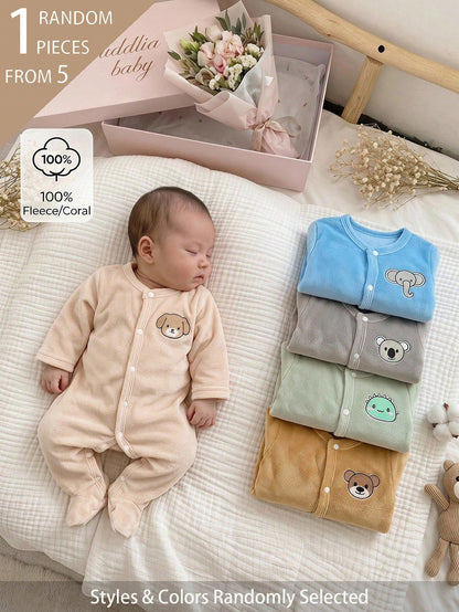 (Blind Box Series 7pcs Randomly Send 1pc) Newborn Long Sleeve Footed Romper Pink White Purple Cartoon Floral Heart Star Ballet Girl Butterfly Print Pattern Simple Casual Comfortable Soft Cute We