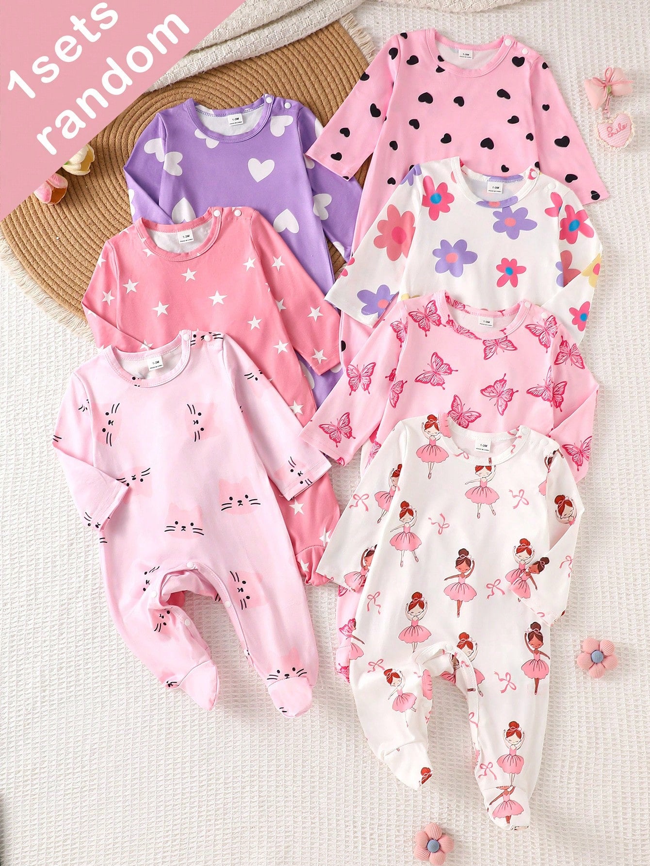 (Blind Box Series 7pcs Randomly Send 1pc) Newborn Long Sleeve Footed Romper Pink White Purple Cartoon Floral Heart Star Ballet Girl Butterfly Print Pattern Simple Casual Comfortable Soft Cute We