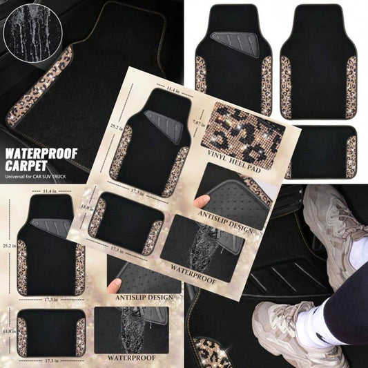 Bling Diamond Car Floor Mats Shining Rhinestone Carpet Sparkly Glitter Crystal With Anti-Slip PVC Heel Pad Waterproof Universal Fit Automotive SUV Sedan Van Cute Girl Women 4pcs Gold Leopard