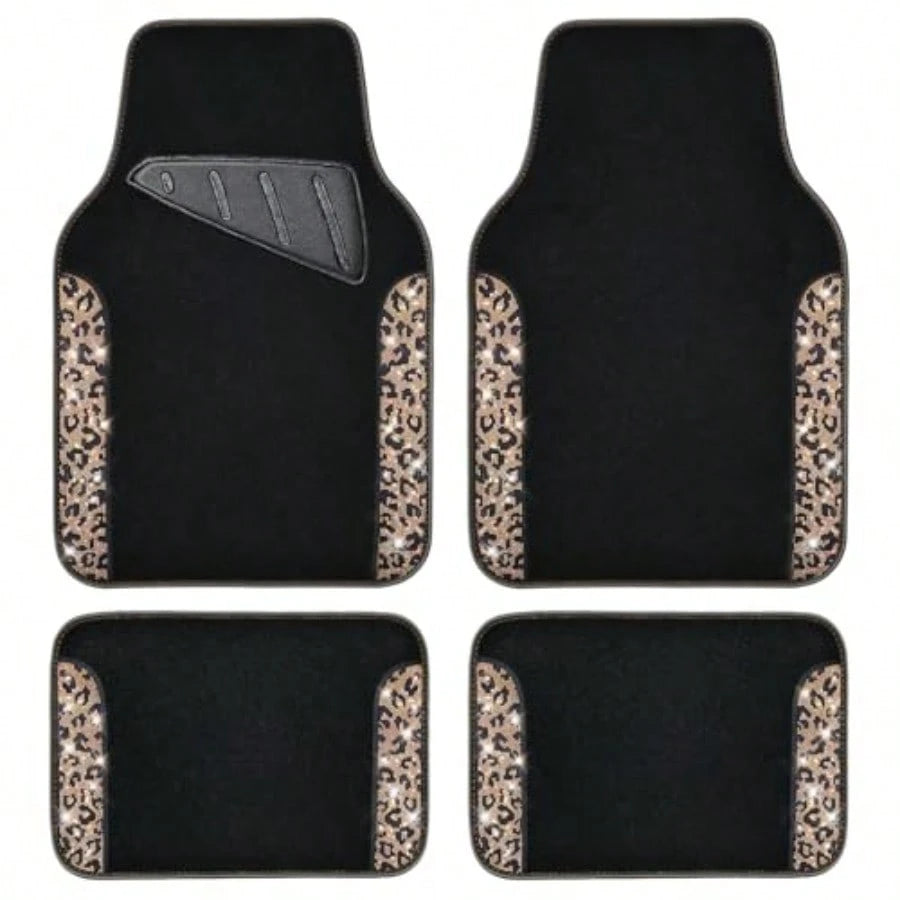 Bling Diamond Car Floor Mats Shining Rhinestone Carpet Sparkly Glitter Crystal With Anti-Slip PVC Heel Pad Waterproof Universal Fit Automotive SUV Sedan Van Cute Girl Women 4pcs Gold Leopard
