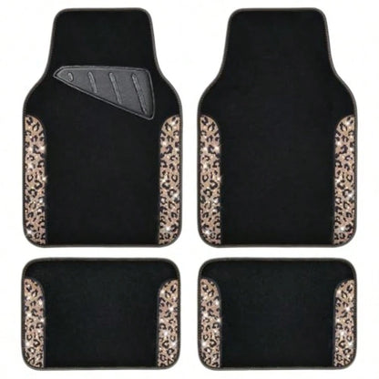 Bling Diamond Car Floor Mats Shining Rhinestone Carpet Sparkly Glitter Crystal With Anti-Slip PVC Heel Pad Waterproof Universal Fit Automotive SUV Sedan Van Cute Girl Women 4pcs Gold Leopard