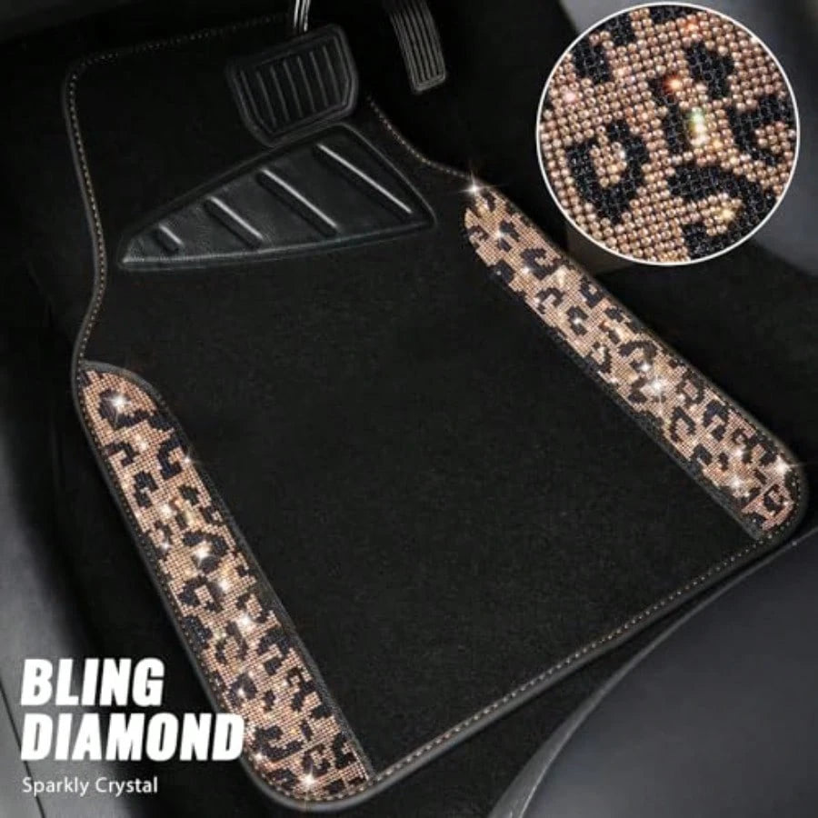 Bling Diamond Car Floor Mats Shining Rhinestone Carpet Sparkly Glitter Crystal With Anti-Slip PVC Heel Pad Waterproof Universal Fit Automotive SUV Sedan Van Cute Girl Women 4pcs Gold Leopard