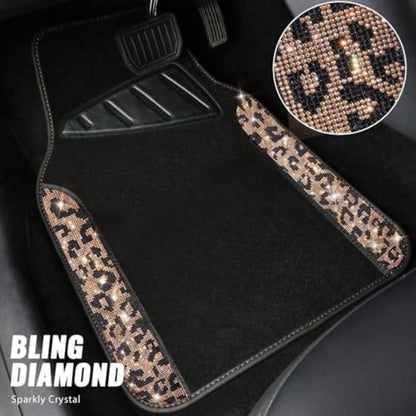 Bling Diamond Car Floor Mats Shining Rhinestone Carpet Sparkly Glitter Crystal With Anti-Slip PVC Heel Pad Waterproof Universal Fit Automotive SUV Sedan Van Cute Girl Women 4pcs Gold Leopard