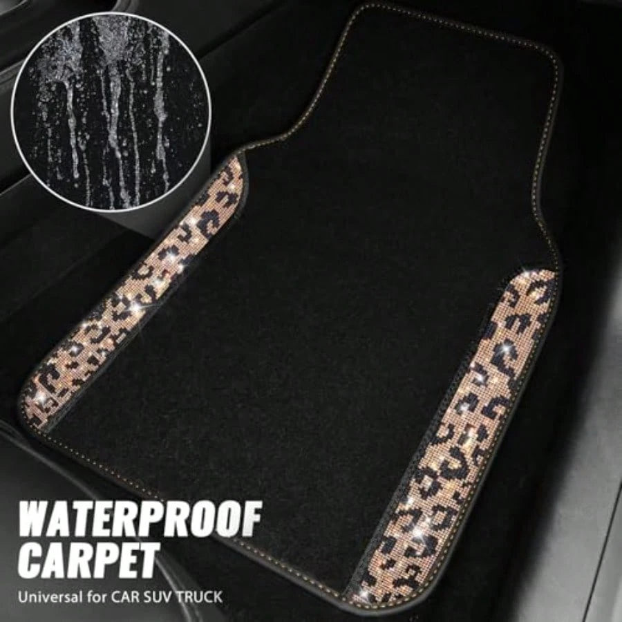 Bling Diamond Car Floor Mats Shining Rhinestone Carpet Sparkly Glitter Crystal With Anti-Slip PVC Heel Pad Waterproof Universal Fit Automotive SUV Sedan Van Cute Girl Women 4pcs Gold Leopard