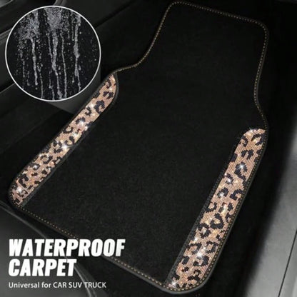 Bling Diamond Car Floor Mats Shining Rhinestone Carpet Sparkly Glitter Crystal With Anti-Slip PVC Heel Pad Waterproof Universal Fit Automotive SUV Sedan Van Cute Girl Women 4pcs Gold Leopard