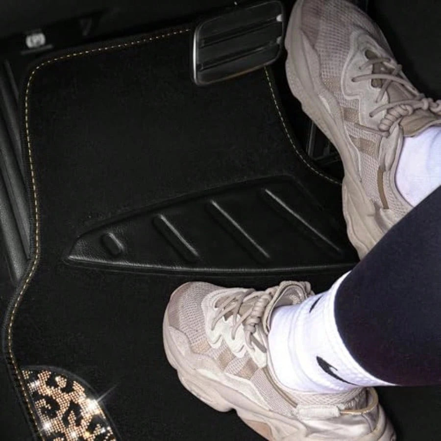 Bling Diamond Car Floor Mats Shining Rhinestone Carpet Sparkly Glitter Crystal With Anti-Slip PVC Heel Pad Waterproof Universal Fit Automotive SUV Sedan Van Cute Girl Women 4pcs Gold Leopard