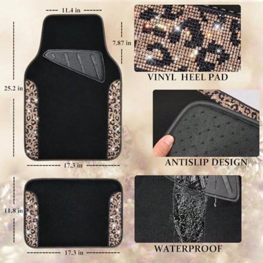 Bling Diamond Car Floor Mats Shining Rhinestone Carpet Sparkly Glitter Crystal With Anti-Slip PVC Heel Pad Waterproof Universal Fit Automotive SUV Sedan Van Cute Girl Women 4pcs Gold Leopard