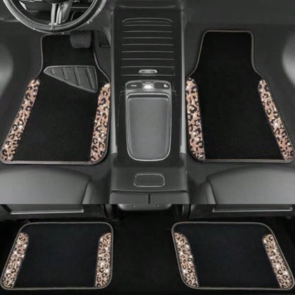 Bling Diamond Car Floor Mats Shining Rhinestone Carpet Sparkly Glitter Crystal With Anti-Slip PVC Heel Pad Waterproof Universal Fit Automotive SUV Sedan Van Cute Girl Women 4pcs Gold Leopard