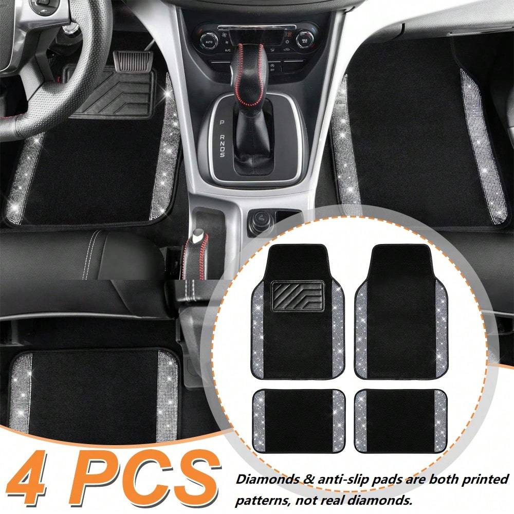 Bling Diamond Printed Effects Car Floor Mats, Shining Rhinestone Carpet Sparkly Glitter Crystal With SUV,Sedan,Van,Cute Girl Women,4pcs Black (The Diamond Pattern And The Anti-Slip Footpad Pattern A
