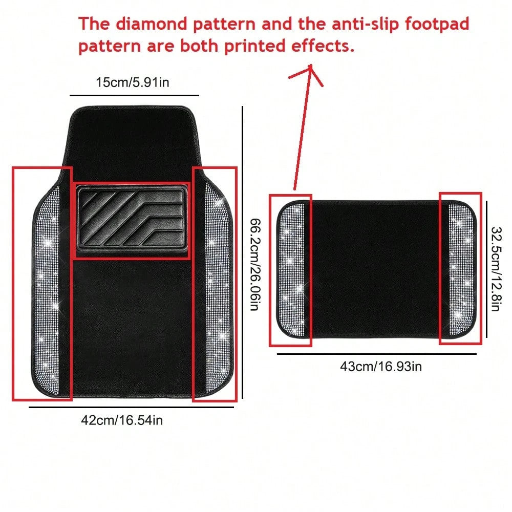 Bling Diamond Printed Effects Car Floor Mats, Shining Rhinestone Carpet Sparkly Glitter Crystal With SUV,Sedan,Van,Cute Girl Women,4pcs Black (The Diamond Pattern And The Anti-Slip Footpad Pattern A