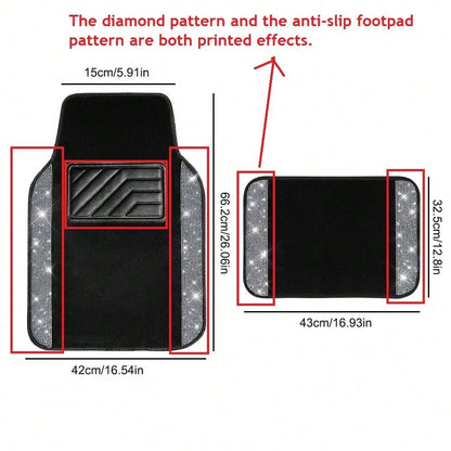Bling Diamond Printed Effects Car Floor Mats, Shining Rhinestone Carpet Sparkly Glitter Crystal With SUV,Sedan,Van,Cute Girl Women,4pcs Black (The Diamond Pattern And The Anti-Slip Footpad Pattern A