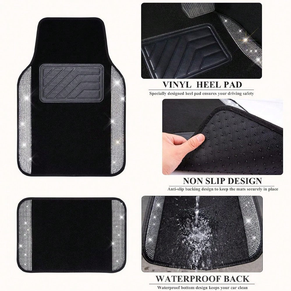 Bling Diamond Printed Effects Car Floor Mats, Shining Rhinestone Carpet Sparkly Glitter Crystal With SUV,Sedan,Van,Cute Girl Women,4pcs Black (The Diamond Pattern And The Anti-Slip Footpad Pattern A