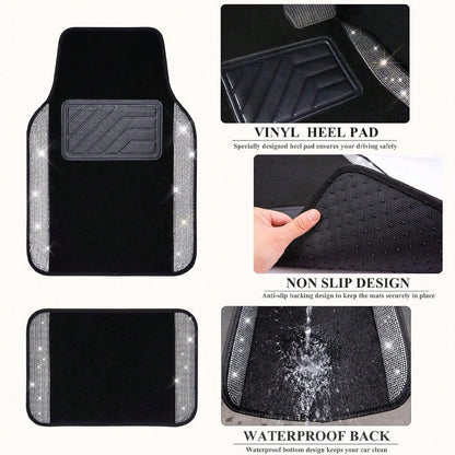 Bling Diamond Printed Effects Car Floor Mats, Shining Rhinestone Carpet Sparkly Glitter Crystal With SUV,Sedan,Van,Cute Girl Women,4pcs Black (The Diamond Pattern And The Anti-Slip Footpad Pattern A