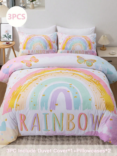 Blissful 3pcs High Definition Digital Printed Bedding Set, Butterfly & Rainbow Duvet Cover Set, Cartoon Cloud Style Bedding Duvet Cover, Includes 1 Duvet Cover And 2 Pillow Shams, Soft Microfiber For