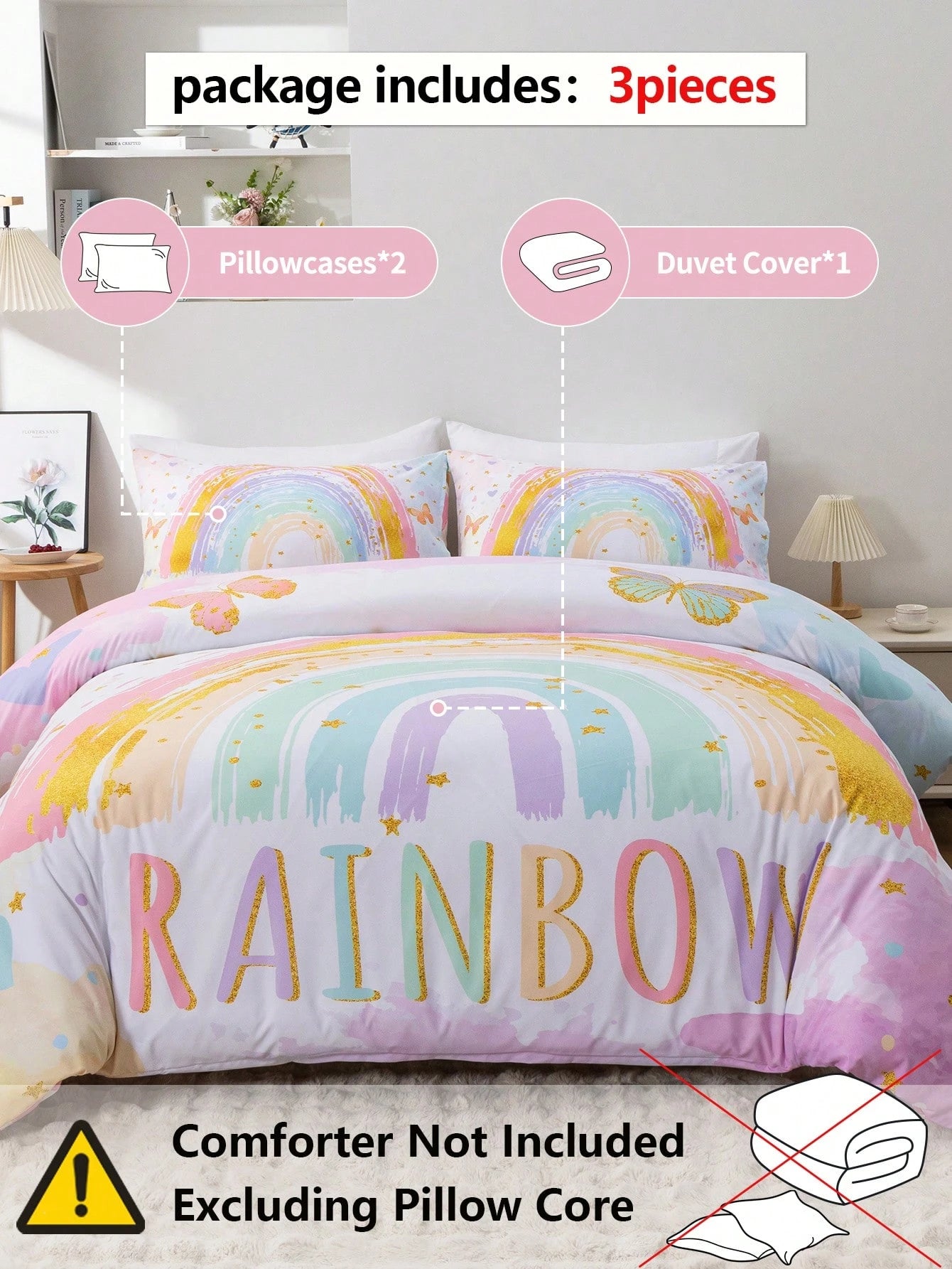 Blissful 3pcs High Definition Digital Printed Bedding Set, Butterfly & Rainbow Duvet Cover Set, Cartoon Cloud Style Bedding Duvet Cover, Includes 1 Duvet Cover And 2 Pillow Shams, Soft Microfiber For