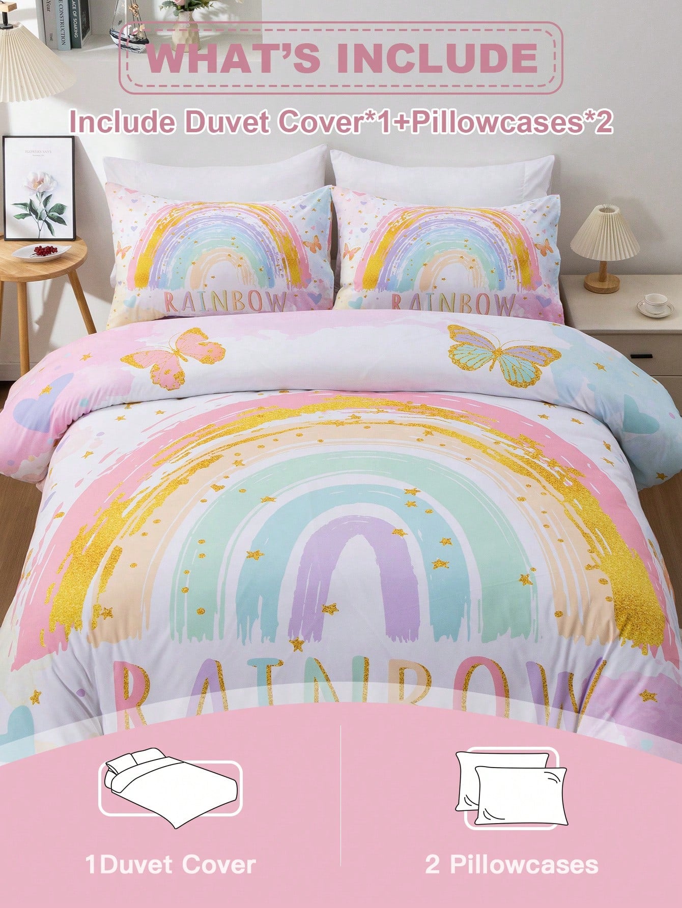 Blissful 3pcs High Definition Digital Printed Bedding Set, Butterfly & Rainbow Duvet Cover Set, Cartoon Cloud Style Bedding Duvet Cover, Includes 1 Duvet Cover And 2 Pillow Shams, Soft Microfiber For
