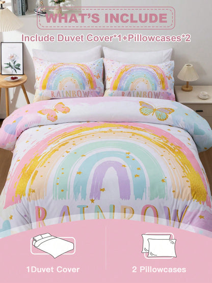 Blissful 3pcs High Definition Digital Printed Bedding Set, Butterfly & Rainbow Duvet Cover Set, Cartoon Cloud Style Bedding Duvet Cover, Includes 1 Duvet Cover And 2 Pillow Shams, Soft Microfiber For