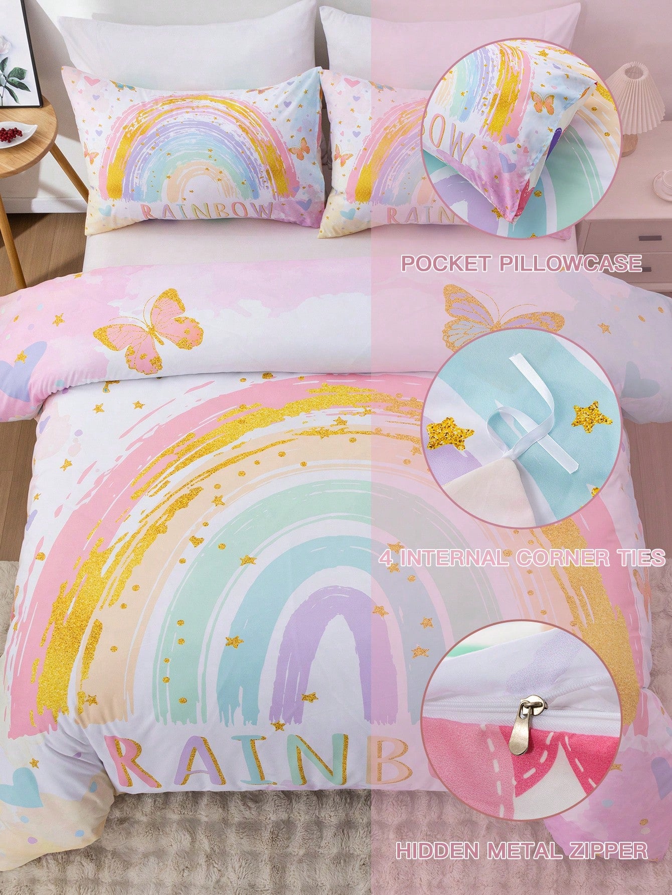 Blissful 3pcs High Definition Digital Printed Bedding Set, Butterfly & Rainbow Duvet Cover Set, Cartoon Cloud Style Bedding Duvet Cover, Includes 1 Duvet Cover And 2 Pillow Shams, Soft Microfiber For