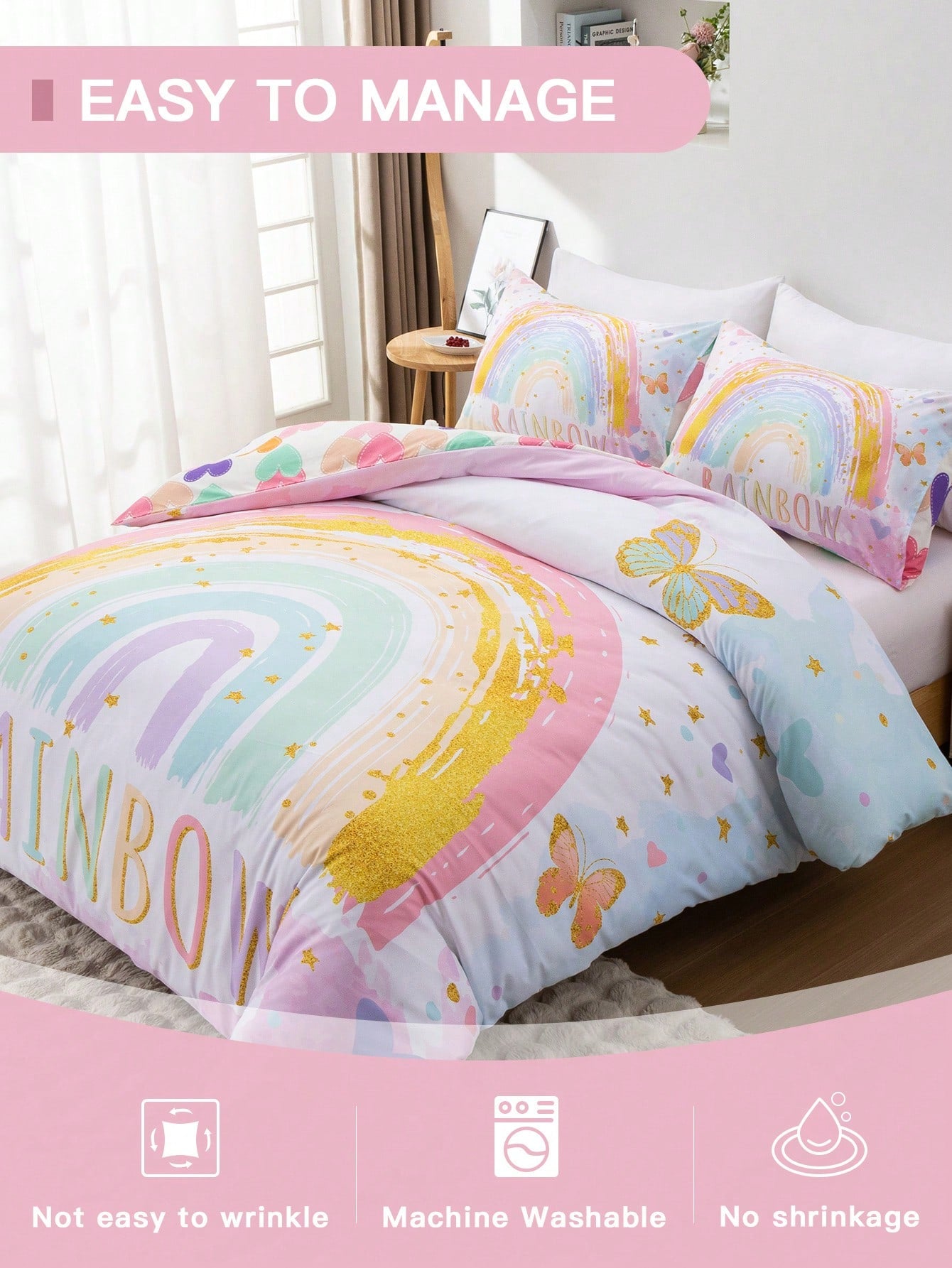 Blissful 3pcs High Definition Digital Printed Bedding Set, Butterfly & Rainbow Duvet Cover Set, Cartoon Cloud Style Bedding Duvet Cover, Includes 1 Duvet Cover And 2 Pillow Shams, Soft Microfiber For
