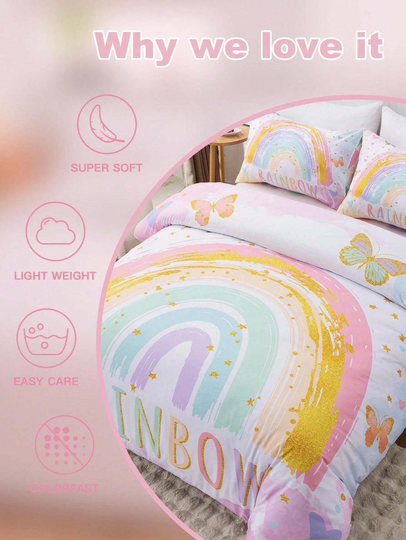 Blissful 3pcs High Definition Digital Printed Bedding Set, Butterfly & Rainbow Duvet Cover Set, Cartoon Cloud Style Bedding Duvet Cover, Includes 1 Duvet Cover And 2 Pillow Shams, Soft Microfiber For