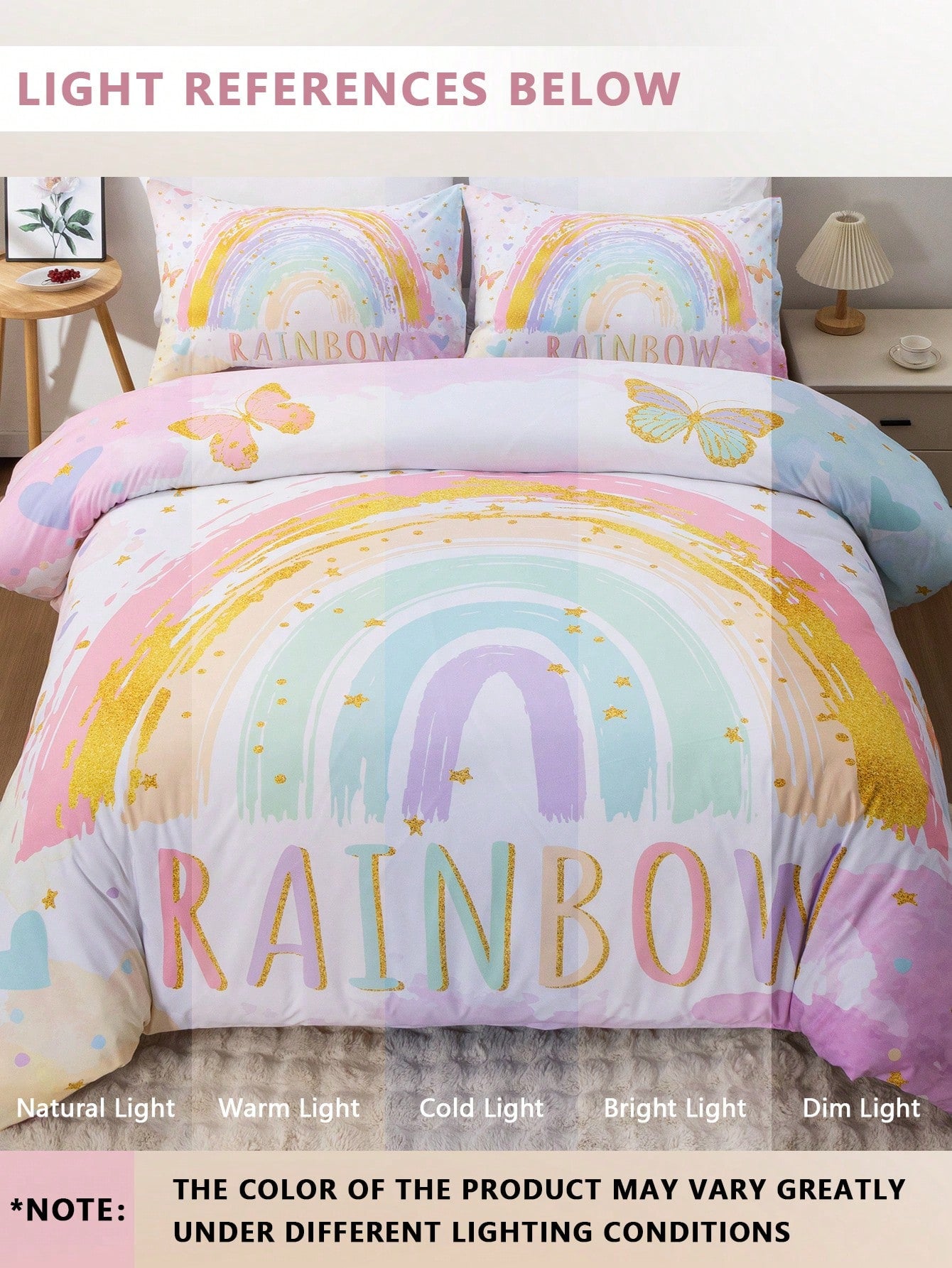 Blissful 3pcs High Definition Digital Printed Bedding Set, Butterfly & Rainbow Duvet Cover Set, Cartoon Cloud Style Bedding Duvet Cover, Includes 1 Duvet Cover And 2 Pillow Shams, Soft Microfiber For