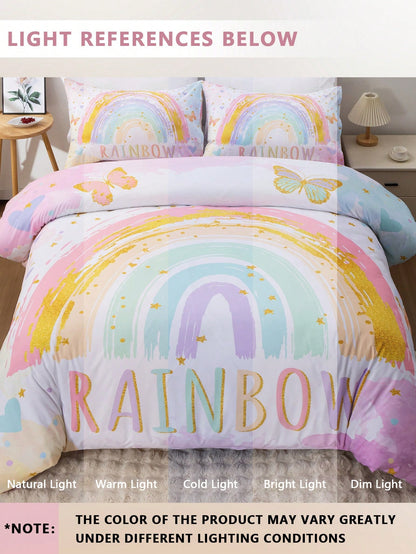 Blissful 3pcs High Definition Digital Printed Bedding Set, Butterfly & Rainbow Duvet Cover Set, Cartoon Cloud Style Bedding Duvet Cover, Includes 1 Duvet Cover And 2 Pillow Shams, Soft Microfiber For
