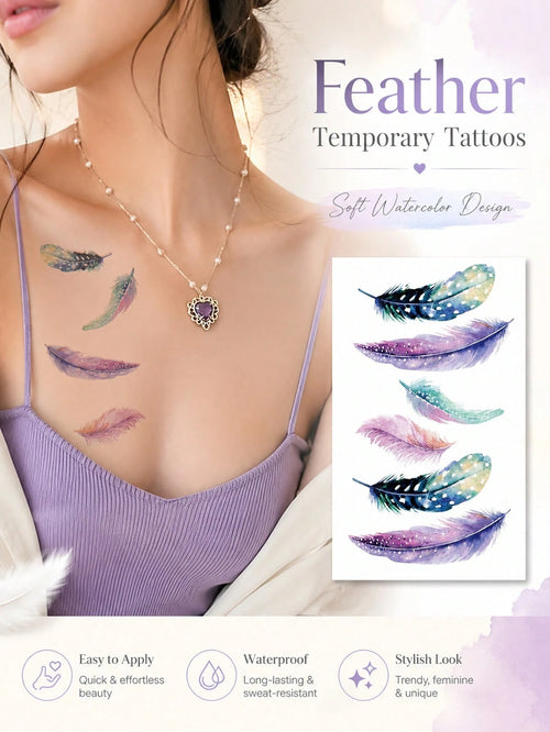 Body Art Temporary Tattoo Stickers For Women And Men, Colorful Fantasy Feathers Pattern, Waterproof Fake Tattoo, Lasts 2-5 Days, Covering Scars, Can Be Used On Arms Wrist Shoulders Legs Waist Neck Han
