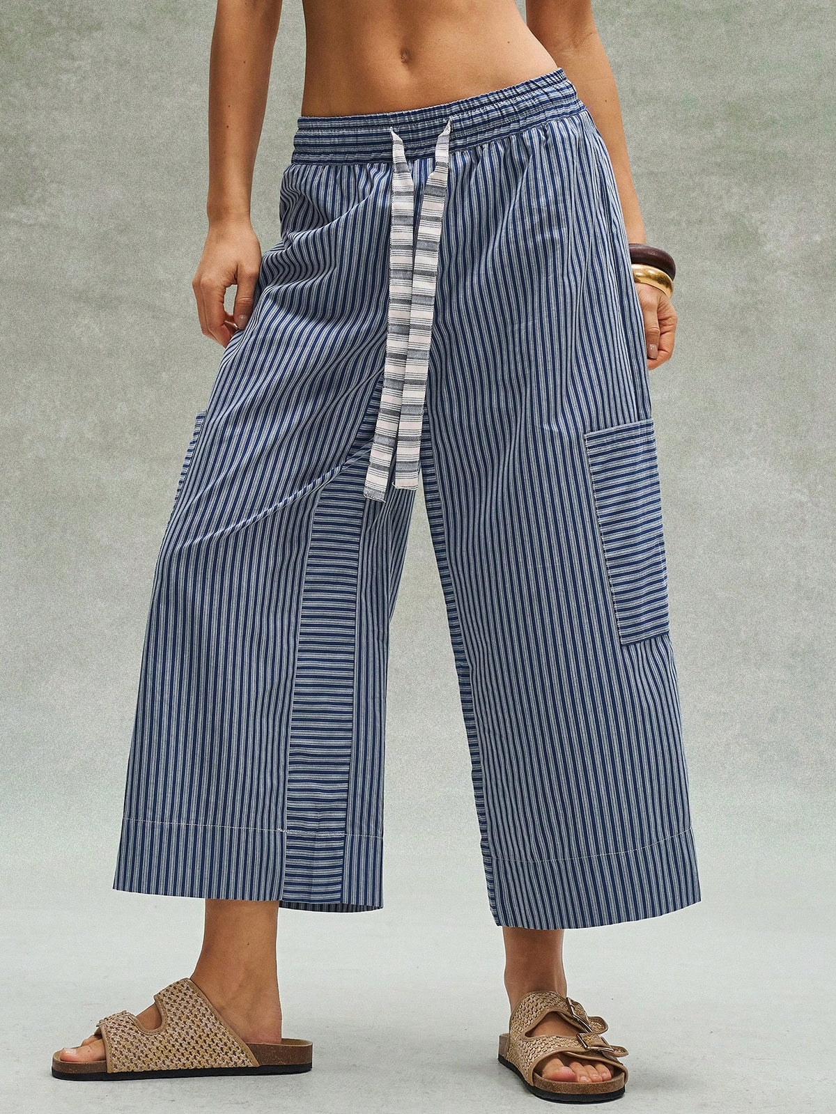 Bohemela Women's Blue And White Stripe Loose Pants,Bohemian Retro Patchwork Elastic Waistband Summer Boho Vacation Beach Music Festival Casual Y2K Trousers