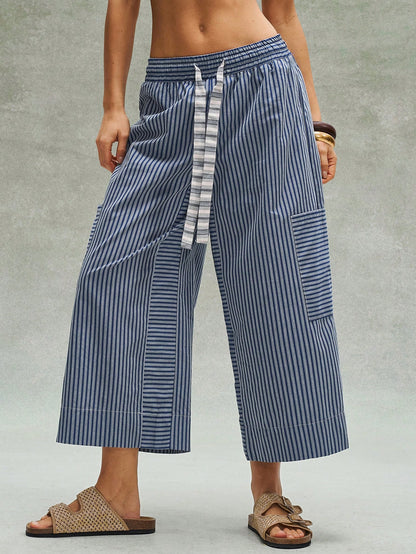 Bohemela Women's Blue And White Stripe Loose Pants,Bohemian Retro Patchwork Elastic Waistband Summer Boho Vacation Beach Music Festival Casual Y2K Trousers