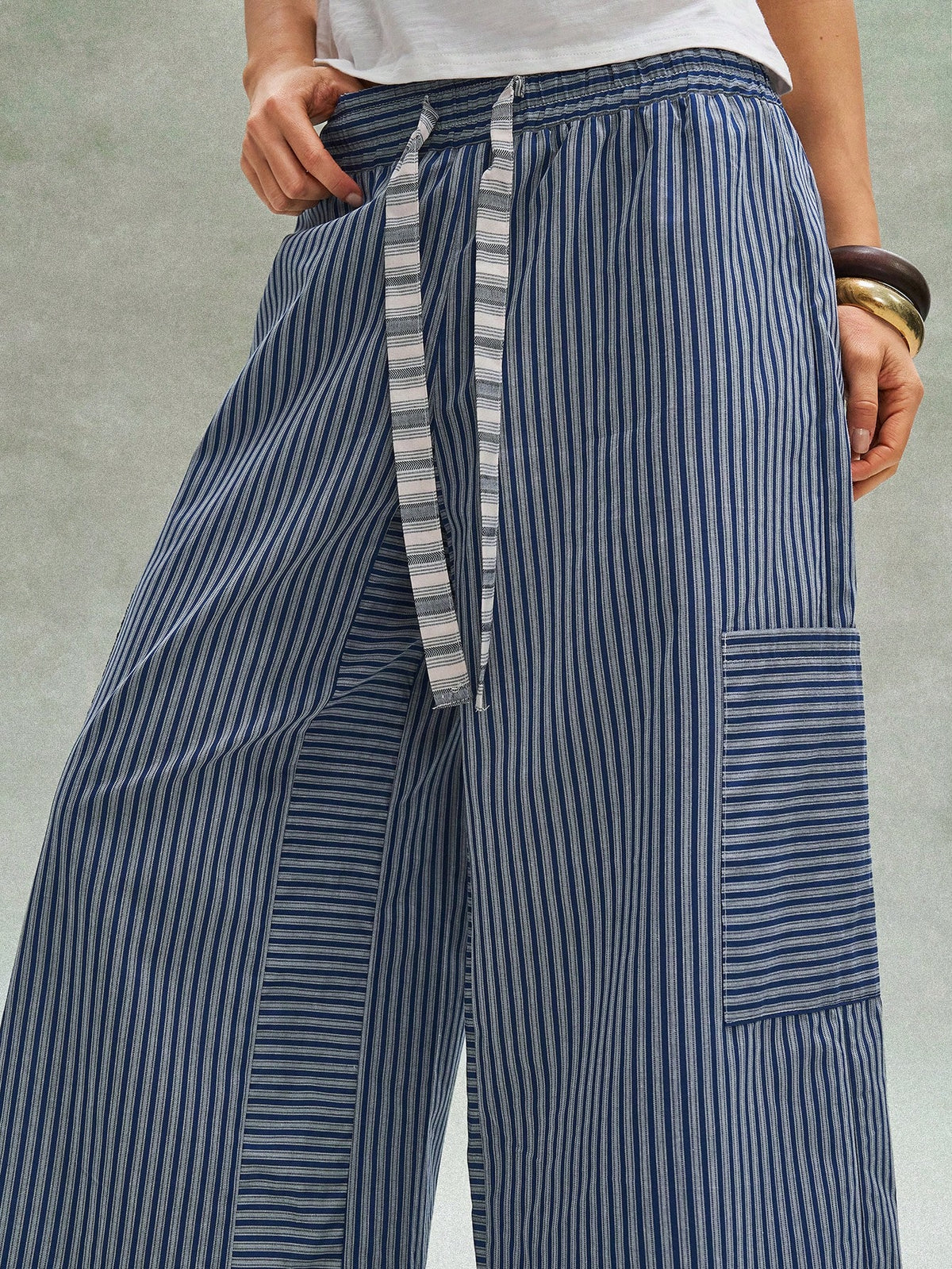 Bohemela Women's Blue And White Stripe Loose Pants,Bohemian Retro Patchwork Elastic Waistband Summer Boho Vacation Beach Music Festival Casual Y2K Trousers
